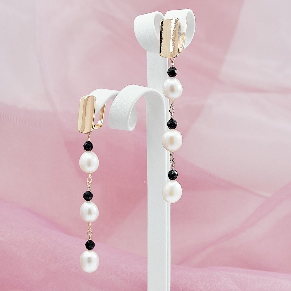 Pearl & Black Spinel Dangle Earrings, 14K Gold Filled